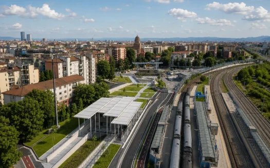Veduta aerea della stazione Forlanini FS e della linea M4 a Milano