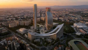 Vista aerea di CityLife Milano con uffici, spazi verdi e skyline