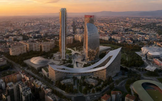 Vista aerea di CityLife Milano con uffici, spazi verdi e skyline