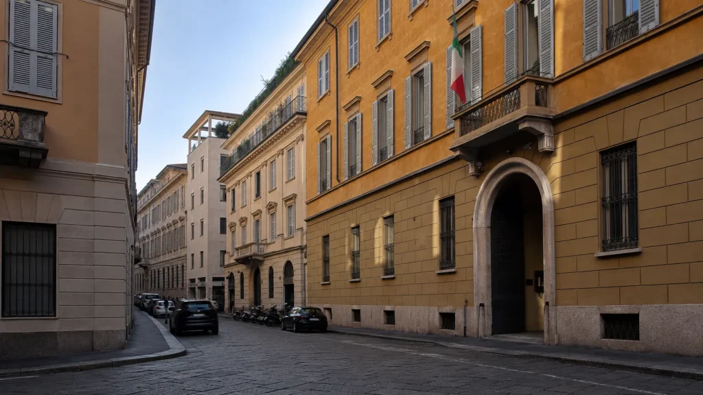 Via Borgonuovo a Milano con palazzi storici nel quartiere Brera