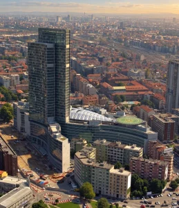 Palazzo Lombardia a Milano visto dall'alto con la torre, gli edifici curvi e l'eliporto sul tetto