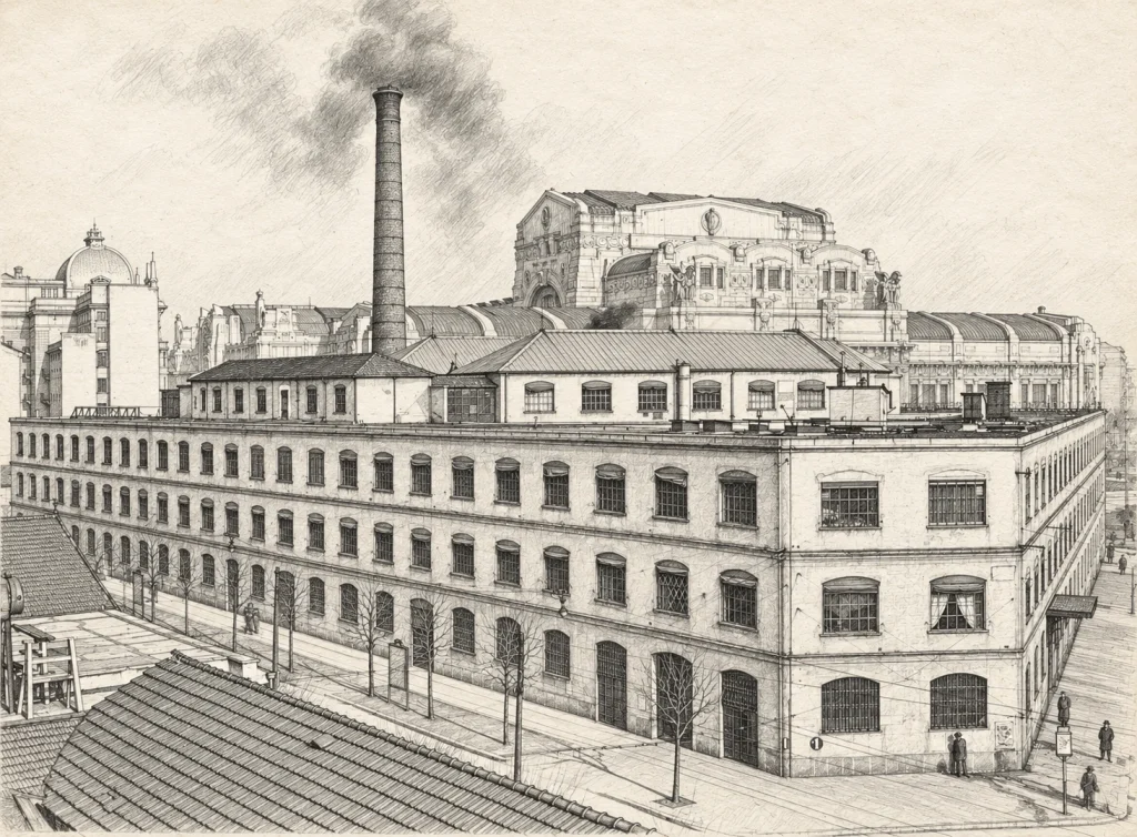 Disegno della prima fabbrica Pirelli in via Ponte Seveso a Milano