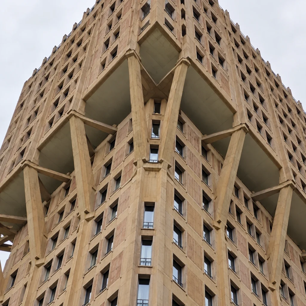 Dettaglio dell'angolo superiore della Torre Velasca a Milano con i costoloni obliqui in cemento armato che sostengono i piani a sbalzo