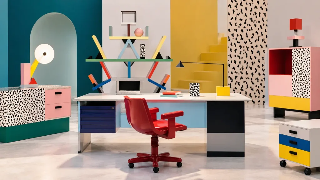 Arredi per ufficio ispirati a Memphis Milano, con scrivania, sedia rossa, libreria geometrica e mobili colorati.