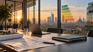 Classe energetica ufficio e scala APE su vetrata di un ufficio moderno con vista su Milano.