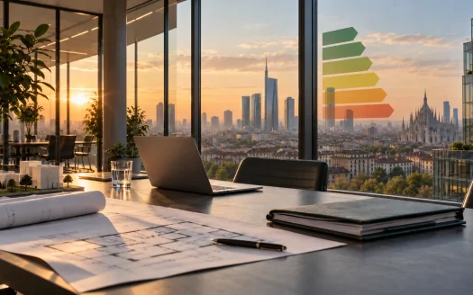 Classe energetica ufficio e scala APE su vetrata di un ufficio moderno con vista su Milano.