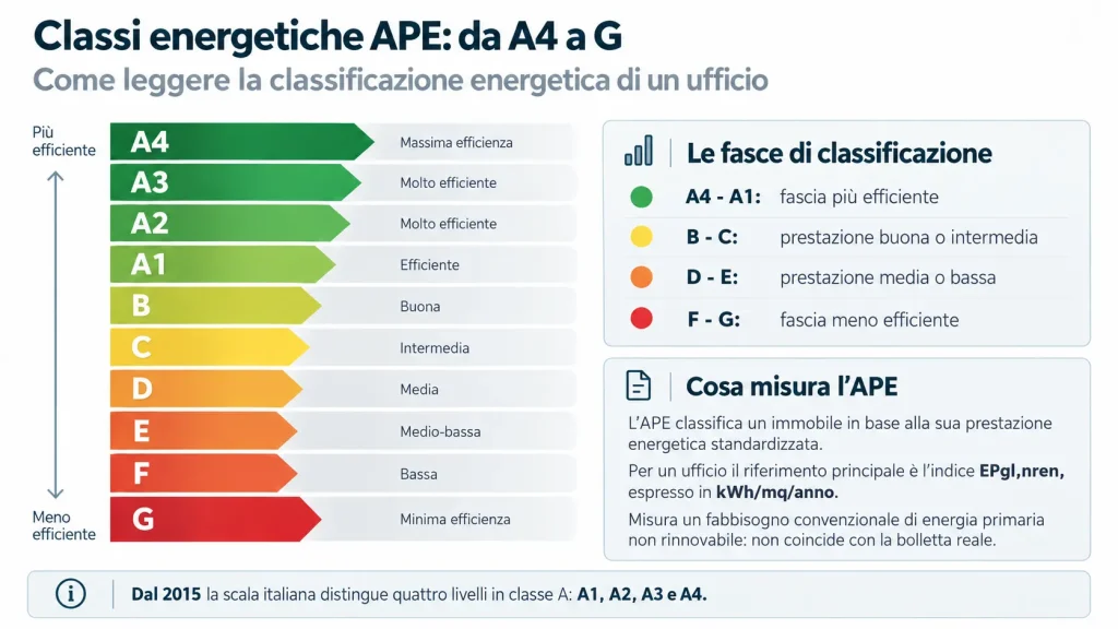 Scala delle 10 classi energetiche APE per uffici, dalla A4 più efficiente alla G meno efficiente, con indicazione dell'indice EPgl,nren.