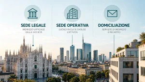 Sede legale, sede operativa e domiciliazione a Milano: tre icone sopra il Duomo, i grattacieli di Porta Nuova e un palazzo per uffici