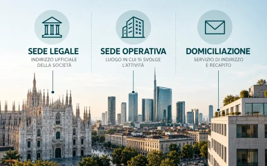 Sede legale, sede operativa e domiciliazione a Milano: tre icone sopra il Duomo, i grattacieli di Porta Nuova e un palazzo per uffici