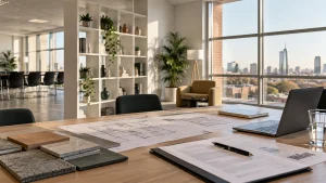 Ufficio moderno a Milano con planimetrie, materiali per il fit-out, contratto di locazione e documenti economici per la negoziazione dell'affitto.