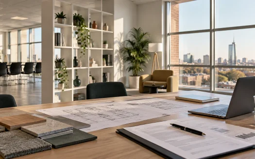 Ufficio moderno a Milano con planimetrie, materiali per il fit-out, contratto di locazione e documenti economici per la negoziazione dell'affitto.