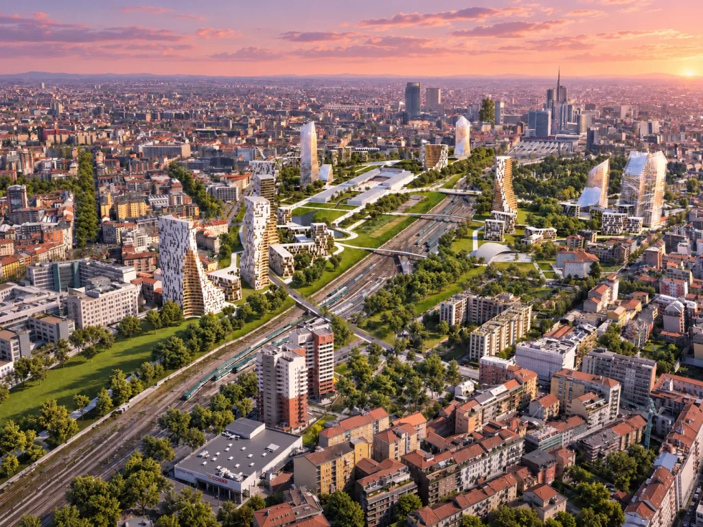 Rendering del masterplan di Scalo Farini a Milano progettato da OMA con il parco lineare di 25 ettari e i futuri uffici