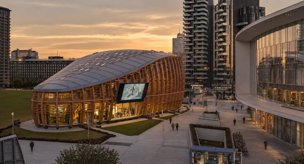 UniCredit Pavilion a Porta Nuova, Milano, progettato da Michele De Lucchi, con struttura curva in legno e vetro al tramonto.