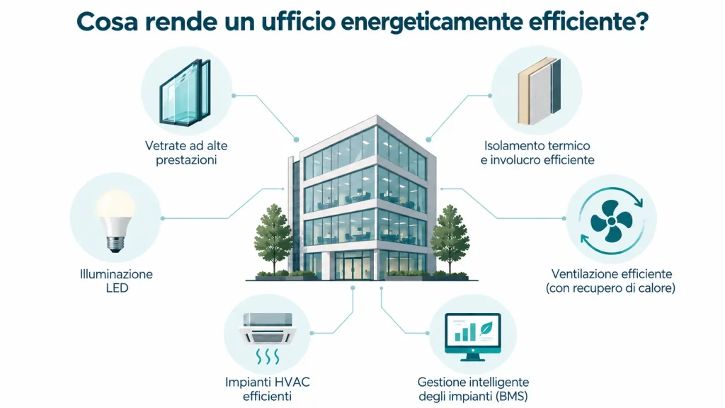 Infografica sull'efficienza energetica di un ufficio: vetrate isolanti, involucro termico, illuminazione LED, ventilazione, HVAC e gestione BMS.